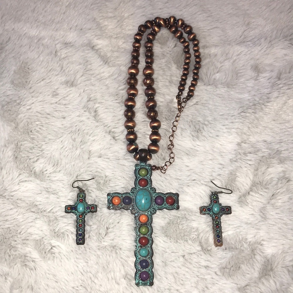 Stone Cross and earrings set - Picture 3 of 5